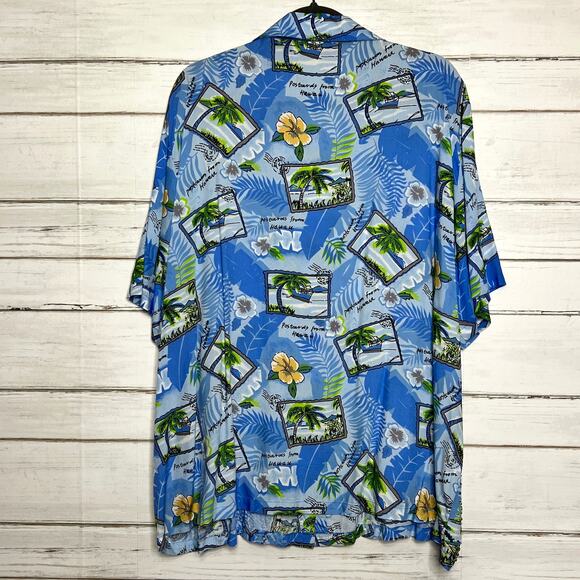 Paradiso Postcards Hawaiian Shirt Blue Embellished Plus Size 3X - Picture 2 of 9